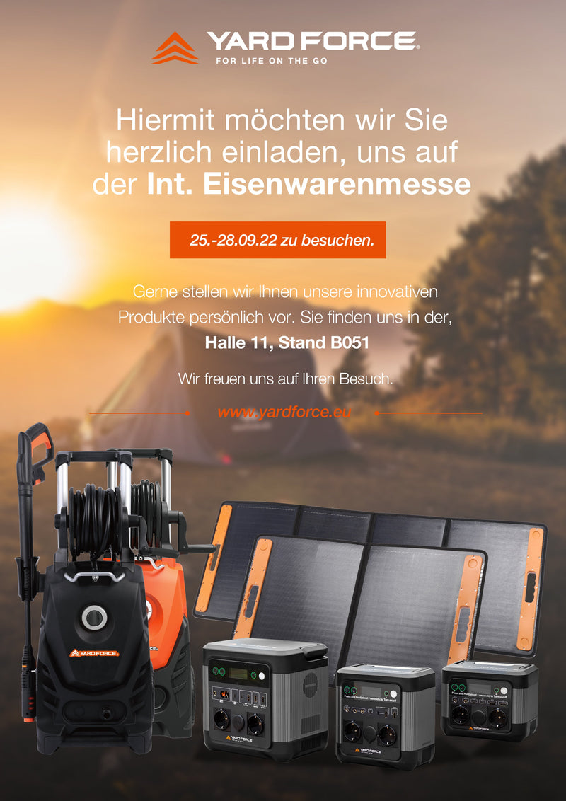 Yard Force International Hardware Fair 2022 invitation featuring pressure washing and portable energy products